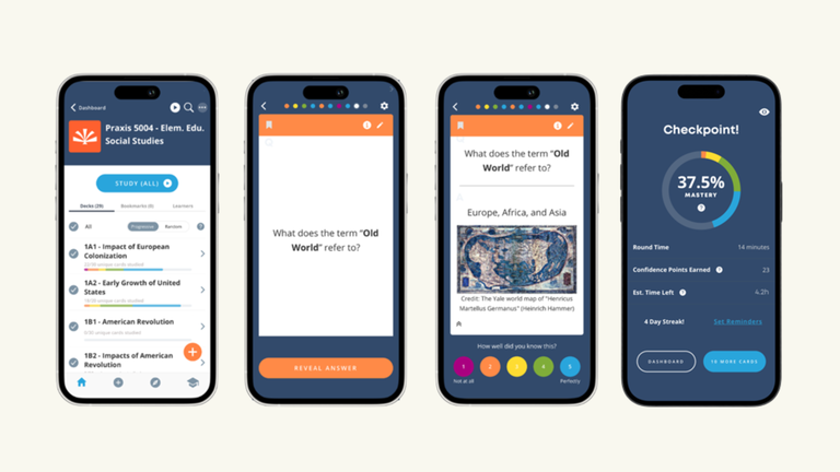 Series of mobile phones showing how Brainscape's digital flashcards work