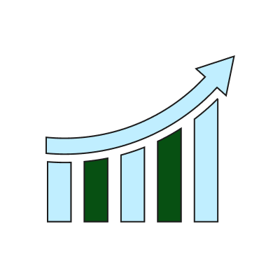 Rising bar chart with upward arrow indicating growth.