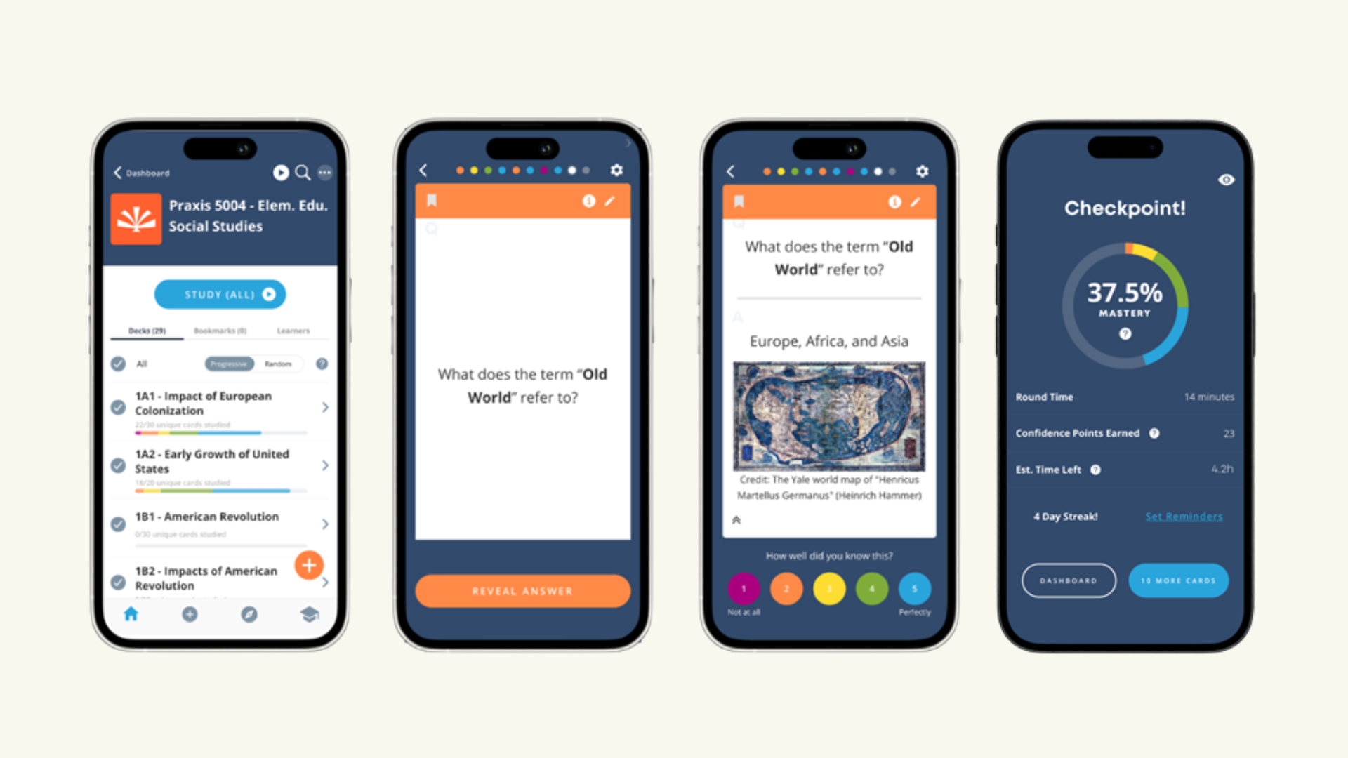 Series of mobile phones showing how Brainscape's digital flashcards work